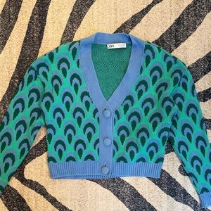 Zara Blue and Green Sweater Cardigan Knit Small EUC